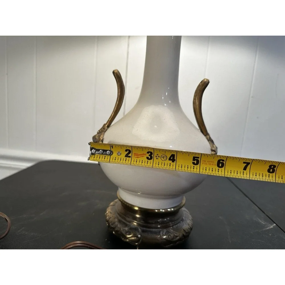 Vintage Tyndale China Table Lamp White Porcelain Brass Tone Ornate Handles Pleat